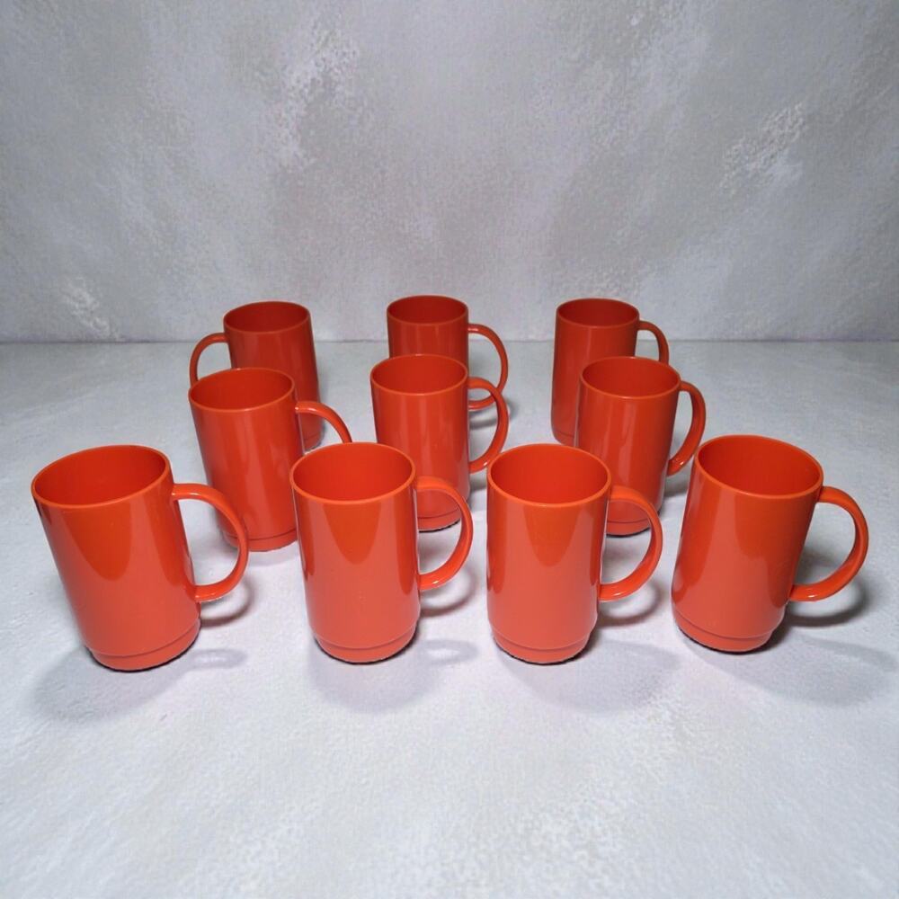Vintage DEKA Orange Plastic Mugs Set of 10 - 1960s-70s Retro Drinkware